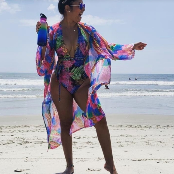 New Rainbow Feather Swim Cover Up Kimono Duster - Picture 9 of 10